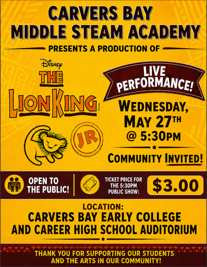 The Lion King Jr. flyer. Wednesday, May 27th @ 5:30 pm.