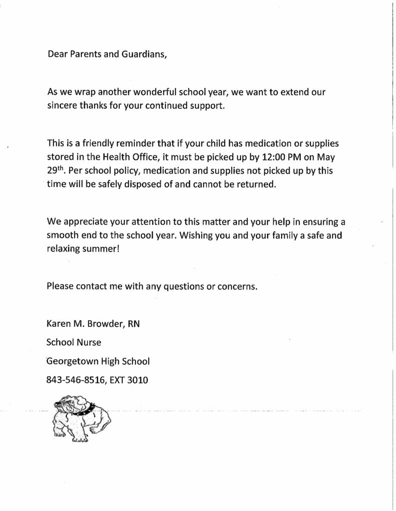 GHS Parents and Guardians:  All medication or supplies stored in the GHS Health Office must be picked up by 12:00pm on Friday, May 29, 2026.