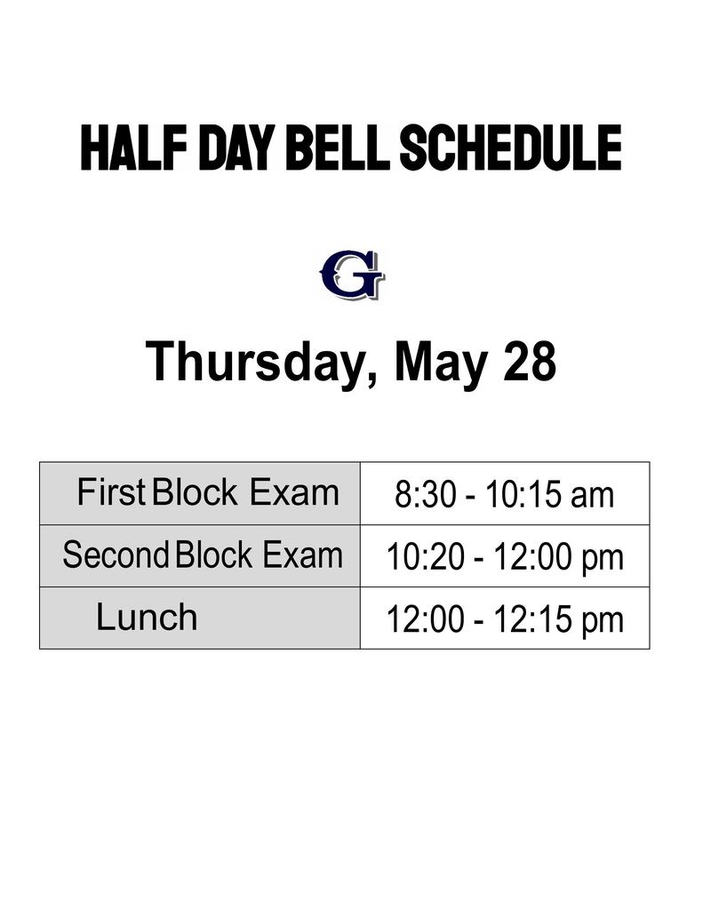 Bell Schedule for Thursday, May 28, 2026.