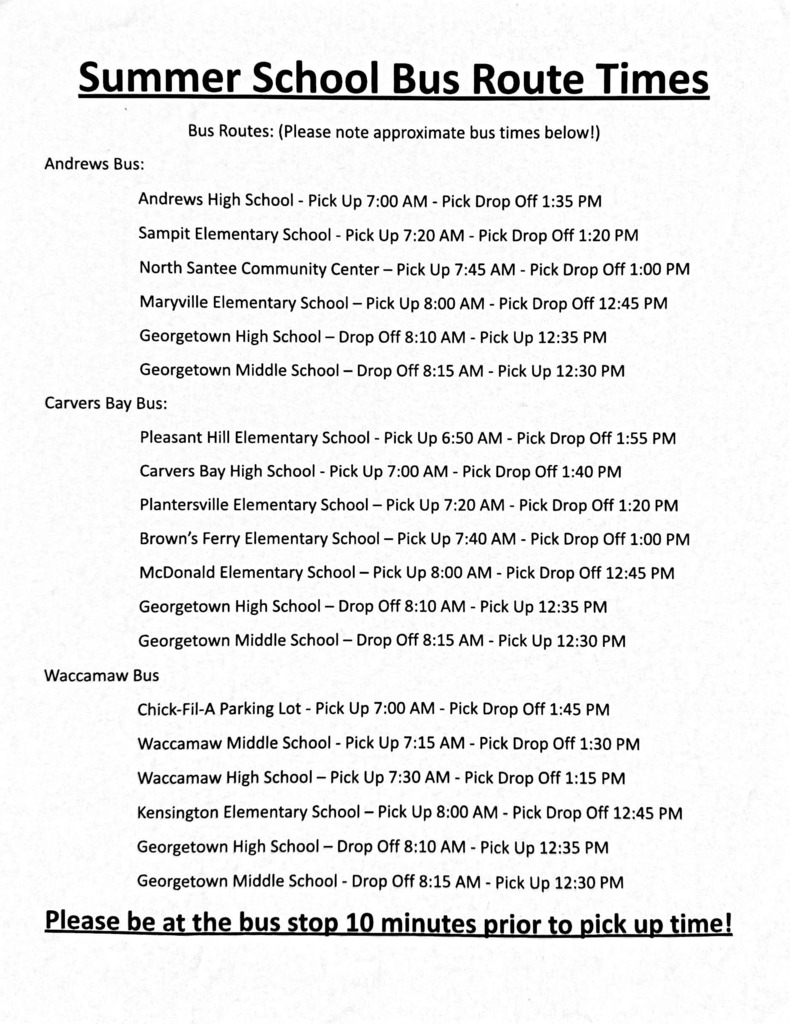Summer School Bus Route Times