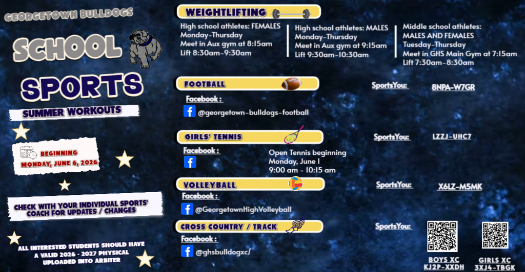 🏀🏈⚽🏐 BIG BLUE Summer Athletics Information is Here! 💙  Calling all future Bulldogs athletes! 🐾 Stay connected this summer by joining your team’s SportsYou account for workouts, updates, conditioning schedules, and important athletic information.  Interested parents and student athletes should use the information provided on the flyer to connect with their individual teams. Let’s get ready for another strong season at Georgetown Middle School!