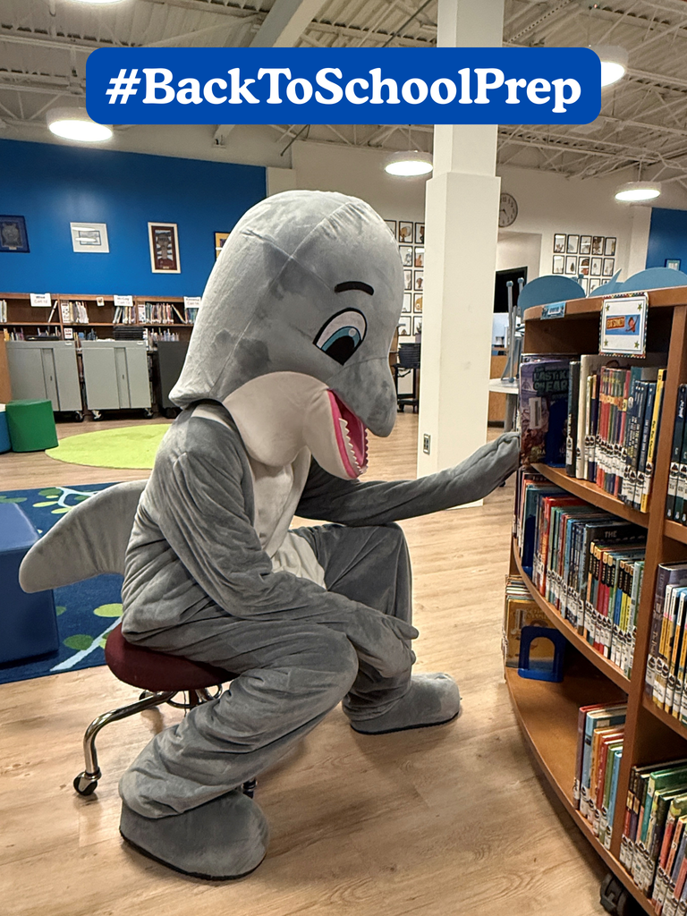The dolphin mascot straightens books on library shelves as the media center gets ready to welcome students back for a new school year.