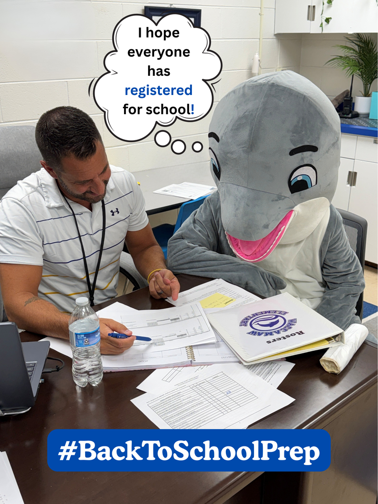 Dolphin mascot reviews class rosters with the assistant principal while reminding families to register for school. #BackToSchoolPrep