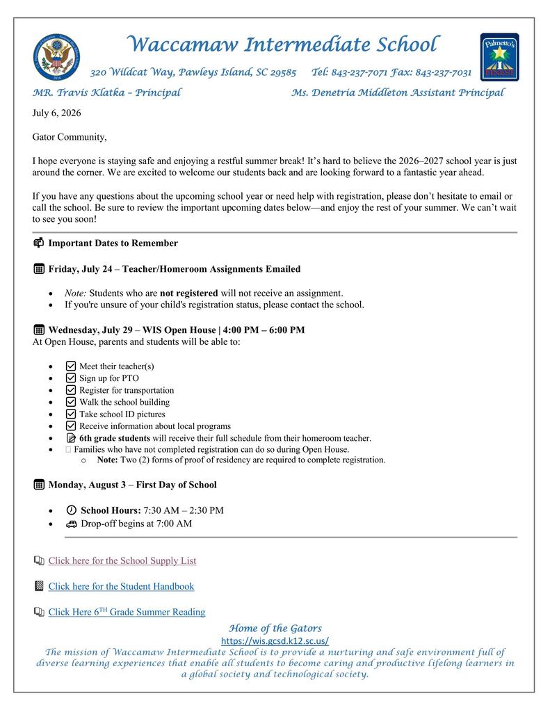Welcome Back Letter