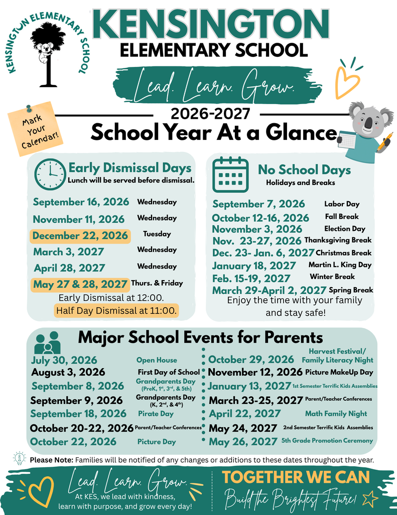 Flyer that lists all of the early dismissal, holidays, breaks, and special event dates throughout the school year.