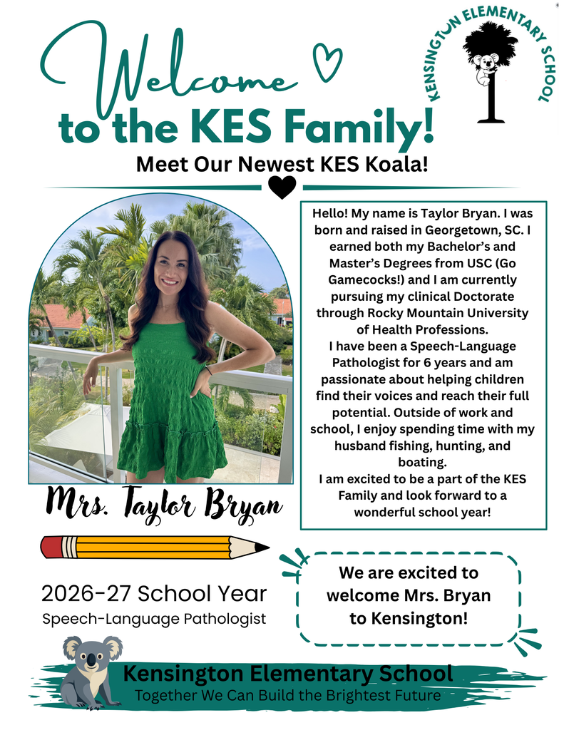 Flyer Welcoming new staff member, Taylor Bryan. She will be our Speech-Language Pathologist.