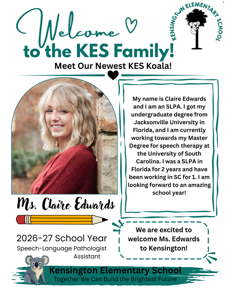 Flyer announcing Claire Edwards as our new Speech-Language Pathologist Assistant. It include a photo of her with shoulder length blonde hair wearing a red top and leaning her back on a brick wall.