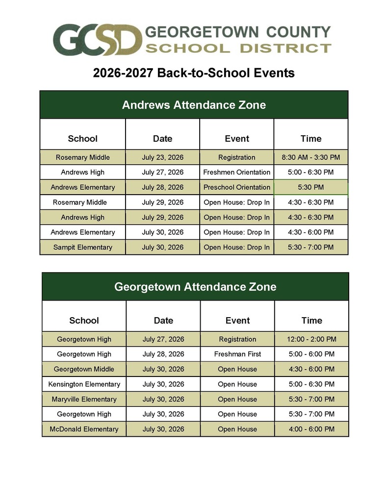 Back-to-School Events by School (Andrews and Georgetown Attendance Zones)