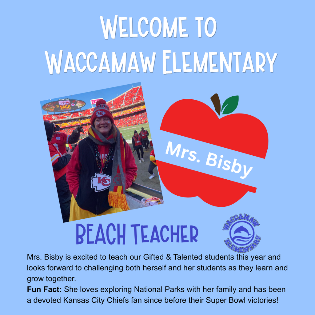 Welcome graphic for Mrs. Bisby, the BEACH (Gifted & Talented) teacher at Waccamaw Elementary, with her photo and introduction.