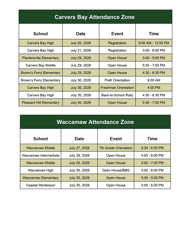 Back-to-School Events (Carvers Bay and Waccamaw Attendance Zones)