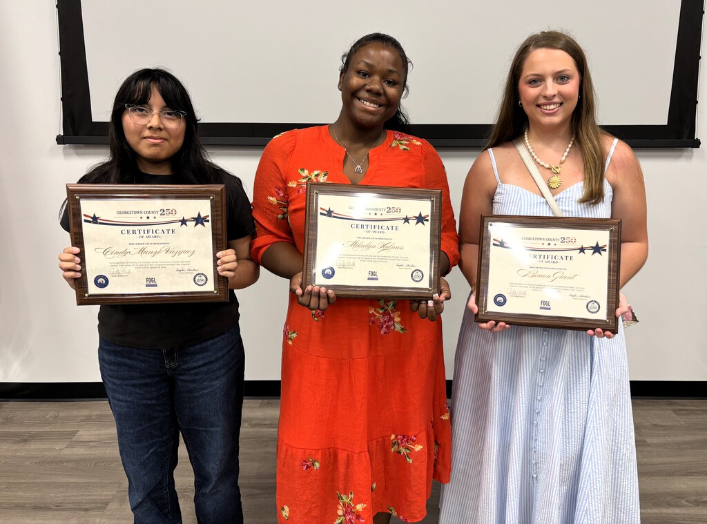 We are incredibly proud of our students who were recognized in the Georgetown County Friends of the Georgetown Library Time Capsule Essay Contest, celebrating our nation's 250th Anniversary! A special congratulations to Mikalyn Holmes for earning 1st Place with her outstanding essay! We also want to recognize Cindy Vazquez Manzo and Bevin Grant for their exceptional work and for being honored in this year's contest. #BulldogPride #GHSBulldogs #GeorgetownLibrary #FriendsoftheLibrary