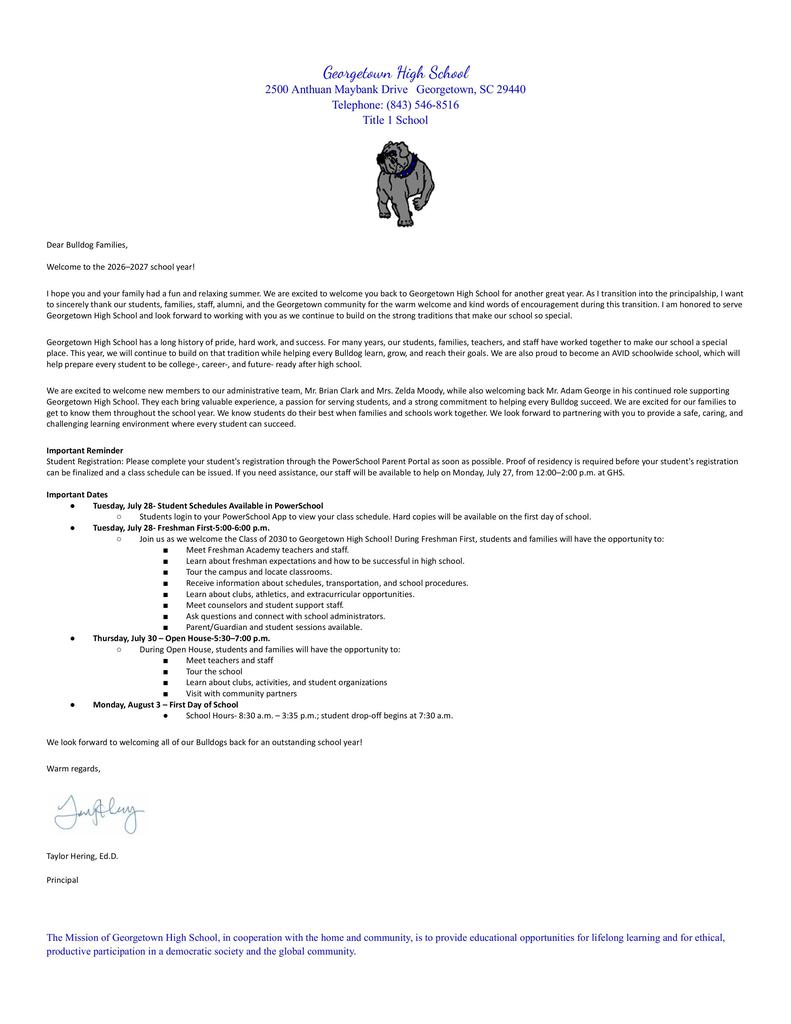 Welcome Back Information with dates & times of upcoming Parent/Student meetings.