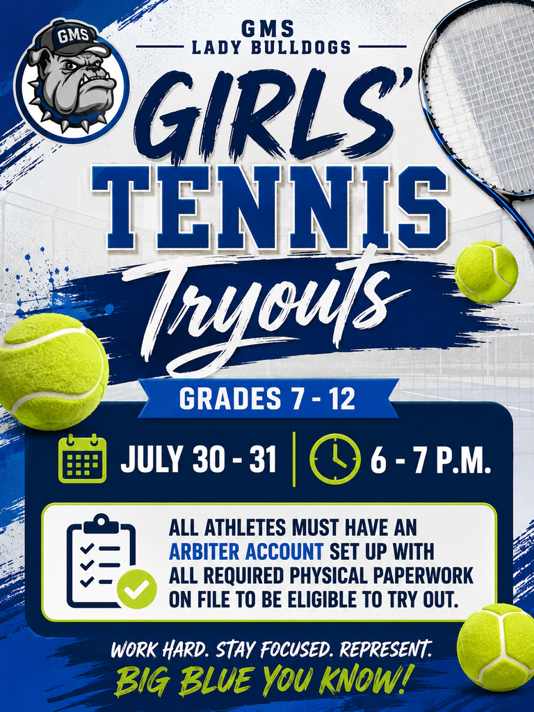 🏆🎾 GIRLS' TENNIS TRYOUTS ARE HERE! 🎾🏆 Calling all girls entering grades 7–12—it's time to hit the court! Join us for tennis tryouts and show us what you've got! 📅 Tryout Dates: July 30–31 🕕 Time: 6:00–7:00 PM ✅ Important: Before participating, all athletes must have an Arbiter account set up and all required physical paperwork completed and on file. Students who do not meet these requirements will not be permitted to try out.