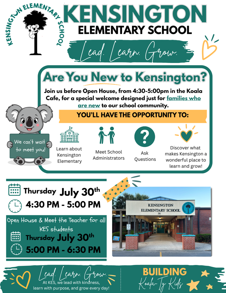 Flyer announcing Welcome Meeting for new families to KES July 30th from 4:30-5:00, Open House and Meet the Teacher Night will follow from 5:00-6:30pm