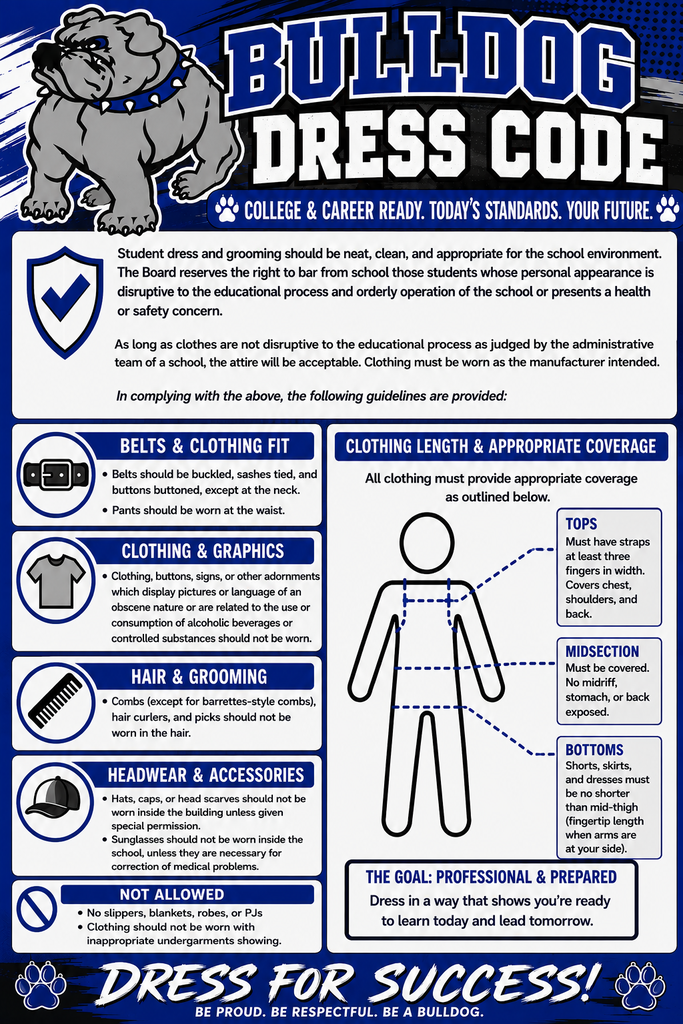 Before you go "Back to School" shopping, be aware of our dress code . Student dress and grooming should be neat, clean, and appropriate for the school environment.  