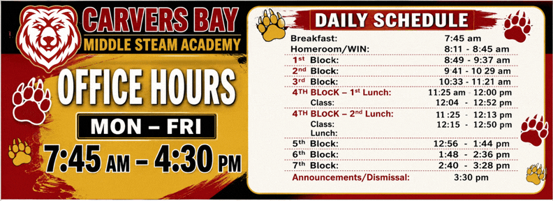 Office hours  for the school and the daily schedule for a regular, full  school day