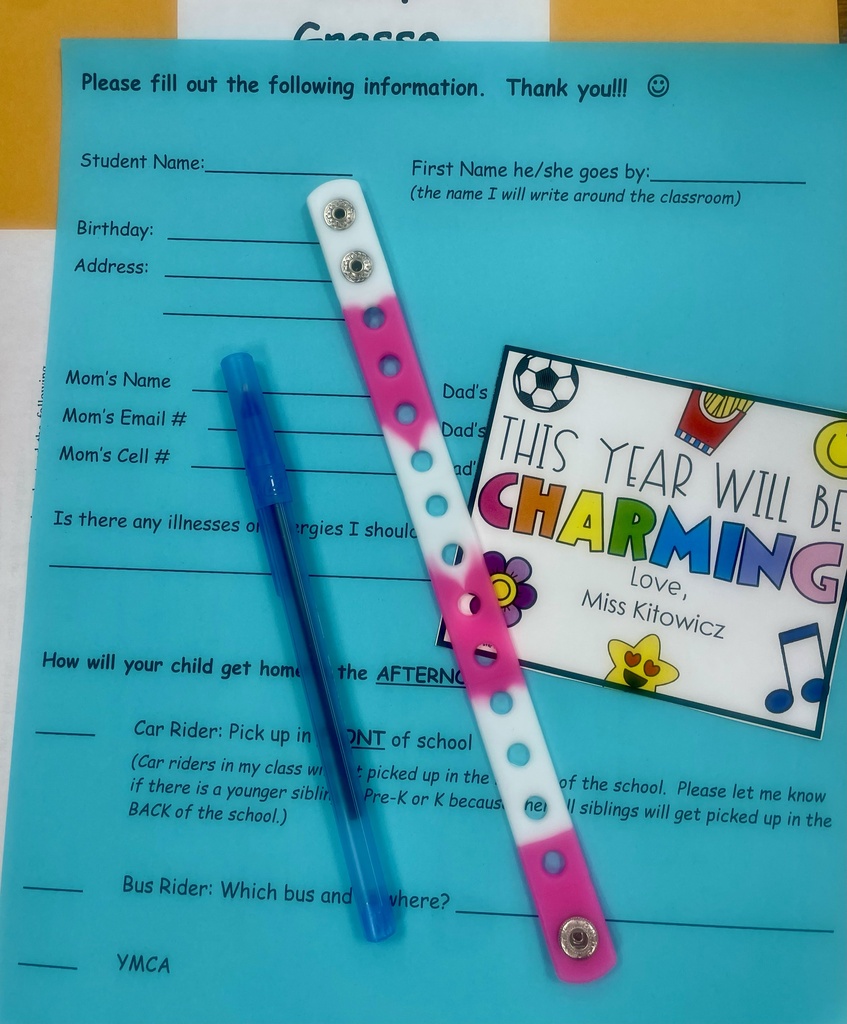 Student information form with a pen, bracelet, and welcome card.