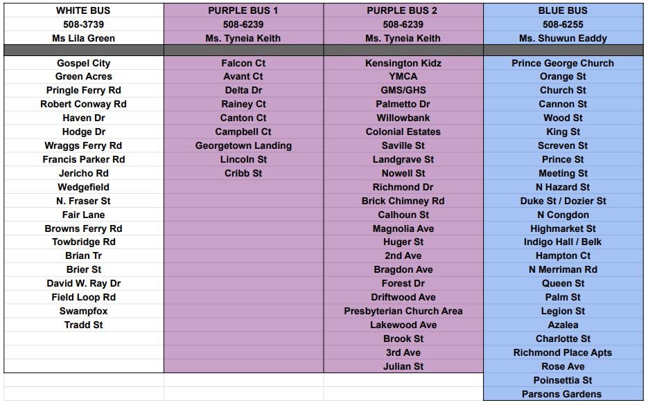 School bus route schedule; white bus will go to Driftwood, Wedgefield, Beneventum, Gospel City, and Green Acres; Blue Bus will go to Black River Rd and downtown area, Purple 1 will go to Housing, and Purple 2 will go to Kensington, Colonial Estates, Parsons Gardens, and Daycares