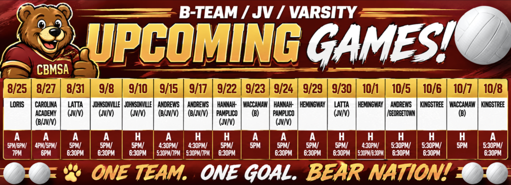 Volleyball schedule for all upcoming B-Team, JV, and varsity games
