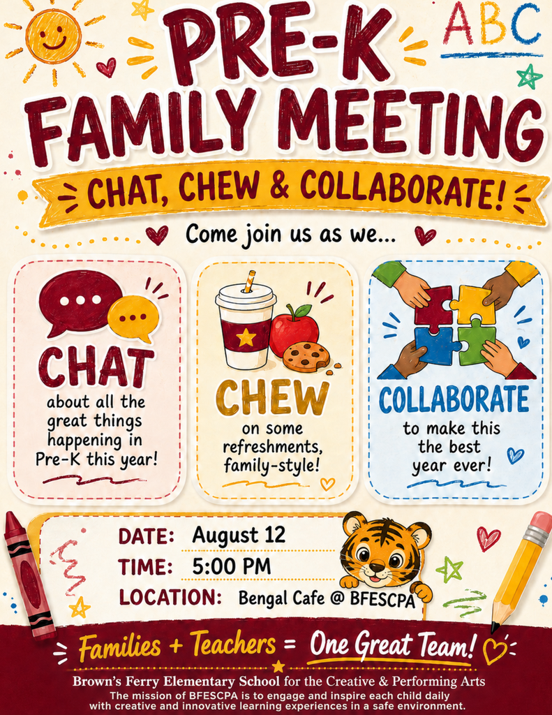 Pre-K Family Meeting: Chat, Chew & Collaborate on August 12 at 5:00 PM in the Bengal Cafe at BFESCPA.