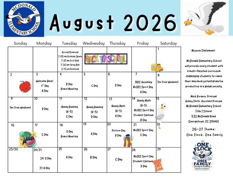 August Student Calendar 