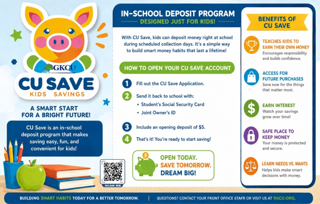 💰🐷 START SAVING SMART WITH CU SAVE! 🐷💰 Georgetown Middle School students have the opportunity to build smart money habits right at school with the CU Save Kids Savings Program! 💙💚 📅 In-School Collection Days: • August 26 • September 30 • October 28 • December 16 • January 27 • February 24 • March 24 • April 28 • May 26 ✨ Why CU Save? 💵 Learn to earn and save your own money 🎯 Build healthy financial habits 🏦 Earn interest on your savings 🔐 Keep your money safe and secure 🛍️ Learn the difference between needs and wants 🌟 Start saving now for future goals! 📚 Parents/Guardians: Help your child get started by completing the CU Save application and sending it to school with the required identification and a $5 opening deposit. Start today. Save tomorrow. DREAM BIG! 💙💚🐷