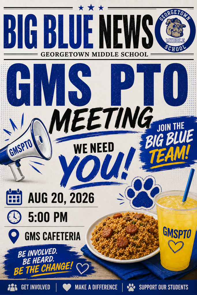 💙💙 BIG BLUE NEEDS YOU! 💙💙 Don’t forget! GMS PTO Membership is only $10! 🙌🏽 Come out and join us for our GMS PTO Meeting! 📅 August 20, 2026 ⏰ 5:00 PM 📍 GMS Cafeteria Your voice. Your support. Your school. 💙 Come be a part of the BIG BLUE TEAM! 🐾💙