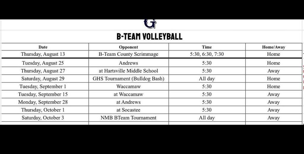 💙🏐 B-TEAM VOLLEYBALL UPDATE! 🏐💙 Bulldog fans, here’s the latest look at our B-Team Volleyball schedule! 🐾🔥 📅 August 25 — vs. Andrews | 5:30 PM | 🏠 Home 📅 August 27 — at Hartsville Middle School | 5:30 PM | ✈️ Away 📅 August 29 — GHS Tournament (Bulldog Bash) | All Day | 🏠 Home 📅 September 1 — vs. Waccamaw | 5:30 PM | 🏠 Home 📅 September 15 — at Waccamaw | 5:30 PM | ✈️ Away 📅 September 28 — at Andrews | 5:30 PM | ✈️ Away 📅 October 1 — at Socastee | 5:30 PM | ✈️ Away 📅 October 3 — NMB B-Team Tournament | All Day | ✈️ Away 😂 And y’all know how we do it… if you blink, the schedule might change! So keep those notifications ON and STAY IN THE LOOP WITH GMS! 👀📲