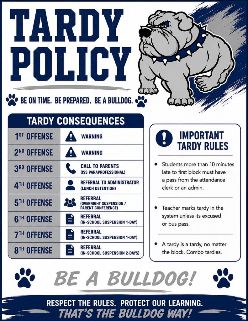 ⏰ Tardy Reminder! As we begin week three, please take a moment to review our tardy policy. Being on time helps our students start the day successfully and ensures a smooth start to instruction. Thank you to our students, families, and staff for helping us make being on time a priority!