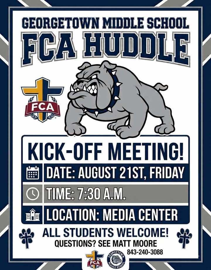 Calling ALL students! 💙🤍 Come out and join us for our FCA Kick-Off Meeting as we kick off another amazing year of Fellowship of Christian Athletes! 📅 Friday, August 21st ⏰ 7:30 AM 📍 Media Center Come ready for fellowship, encouragement, faith, and a great start to the school year! 🙌🏽 💙 ALL STUDENTS ARE WELCOME! 💙 Questions? See Matt Moore at 843-240-3088.