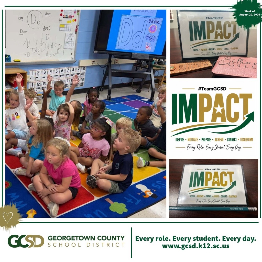 Picture on Left: Students in preschool classroom sitting on rug interacting with their teacher; Right top: IMPACT logo with gifts to Dr. Giles: Right Center: IMPACT logo; Right Bottom: IMPACT logo with kindness matters pencil
