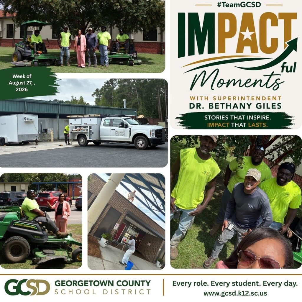Pictures of GCSD's Maintenance and Facilities team members working on projects around the District. Pictured with them is Superintendent Dr. Bethany A. Giles in a pink pant suit.