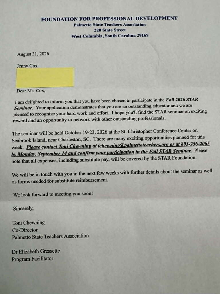 🌟📚 HONORING MRS. J. COX! 📚🌟 Help us celebrate and congratulate Mrs. J. Cox on being selected to participate in the Fall 2026 STAR Seminar! 🎉👏🏽 This well-deserved honor recognizes her dedication, hard work, and commitment to making a difference in the lives of students. 💙🐾 The Fall 2026 STAR Seminar will be held October 19–23, 2026, at the St. Christopher Conference Center on Seabrook Island, SC. Congratulations, Mrs. Cox! We are proud to honor and celebrate YOU! 🌟💙