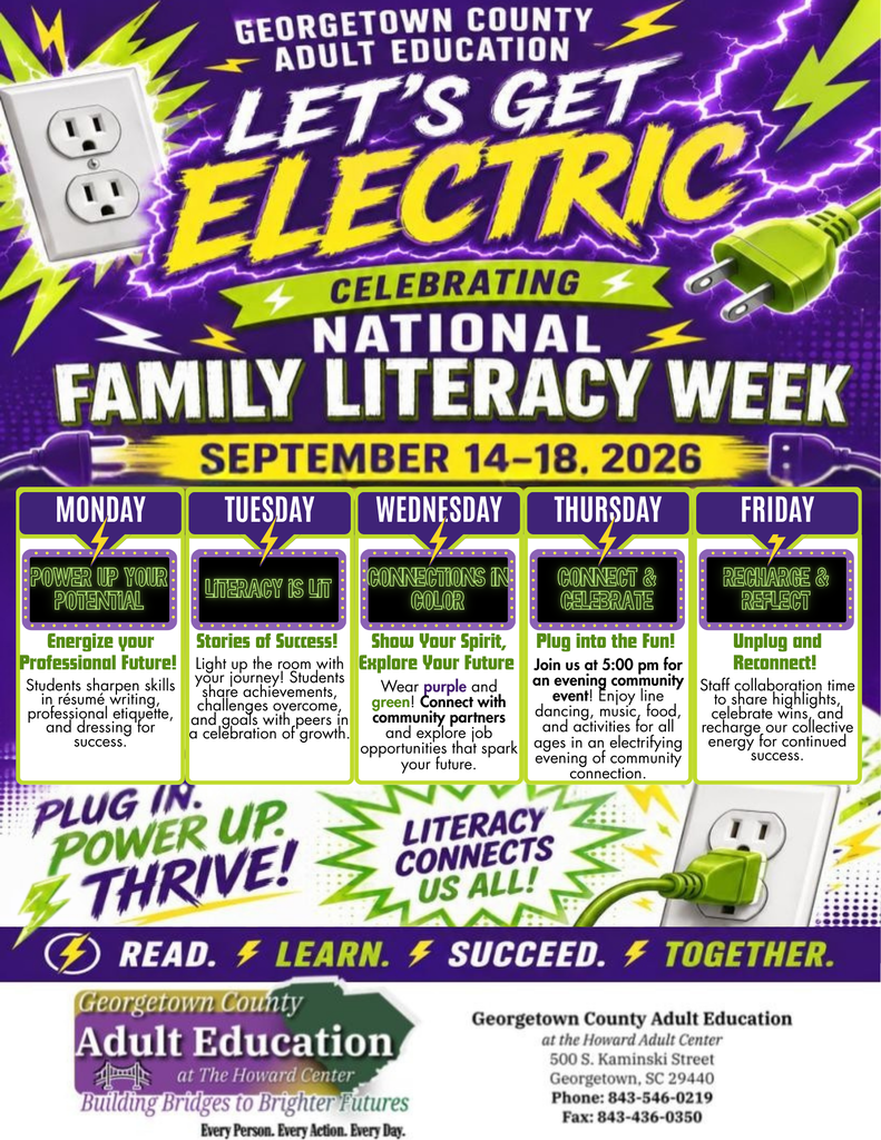 Georgetown County Adult Education Family Literacy Week flyer with vibrant purple and neon green electrical theme. Title reads "Let's Get Electric - Celebrating National Family Literacy Week, September 14-18, 2026." Weekly schedule includes: Monday - Power Up Your Potential (professional skills workshops); Tuesday - Literacy is Lit: Stories of Success (student achievement sharing); Wednesday - Connections in Color (career fair and spirit day in purple and green); Thursday - Connect & Celebrate community event at 5:00 PM with line dancing, music, food, and family activities; Friday - Staff Recharge & Reflect day. Slogans include "Plug In. Power Up. Thrive!" and "Literacy Connects Us All!" Contact: The Howard Center, 500 S. Kaminski Street, Georgetown, SC 29440, phone 843-546-0219. Design features electrical outlet graphics, power plugs, and lightning bolts throughout.