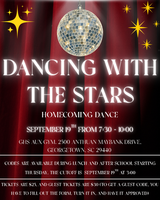 The Homecoming Dance - A Night Dancing with the Stars - Saturday, September 19th from 7:30-10:00. Tickets are $25, and you must get your code during lunch. Tickets are sale until Friday 9/18.