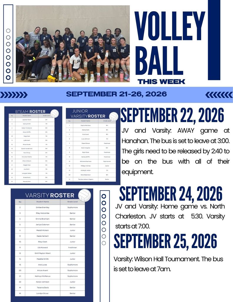 🏐 BIG BLUE VOLLEYBALL THIS WEEK! 💙🏐 It’s game week, Bulldogs! Come out and support our GMS Volleyball teams as they hit the court September 21–26! 📅 Tuesday, September 22 🏐 JV & Varsity — AWAY at Hanahan 🚌 Bus leaves at 3:00 PM ⏰ Players need to be released by 2:40 PM and ready to board the bus with all equipment. 📅 Thursday, September 24 🏐 JV & Varsity — HOME vs. North Charleston ⏰ JV: 5:30 PM ⏰ Varsity: 7:00 PM 📅 Friday, September 25 🏐 Varsity — Wilson Hall Tournament 🚌 Bus leaves at 7:00 AM Let’s show our Bulldogs some BIG BLUE support! 💙🏐 GO BULLDOGS! 🐾💙 BIG BLUE, YOU KNOW!