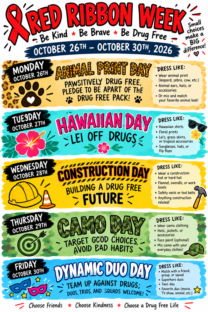 🚨❤️ IT’S GOING DOWN AT THE BLUE! ❤️🚨 RED RIBBON WEEK 2026 is coming to Georgetown Middle School, October 26–30! 💙🐾 And BIG BLUE is bringing the FUN while making a powerful statement: Be Kind. Be Brave. Be Drug Free! Get those outfits ready because we’re showing up ALL WEEK! 🔥 🐾 Monday: Animal Print Day 🌺 Tuesday: Hawaiian Day 🚧 Wednesday: Construction Day 🎯 Thursday: Camo Day 👯 Friday: Dynamic Duo Day From animal print to dynamic duos, we’re reminding everyone that small choices can make a BIG difference! 💙❤️ BIG BLUE, ARE YOU READY?! ❤️💙 Choose Friends. Choose Kindness. Choose a Drug-Free Life!