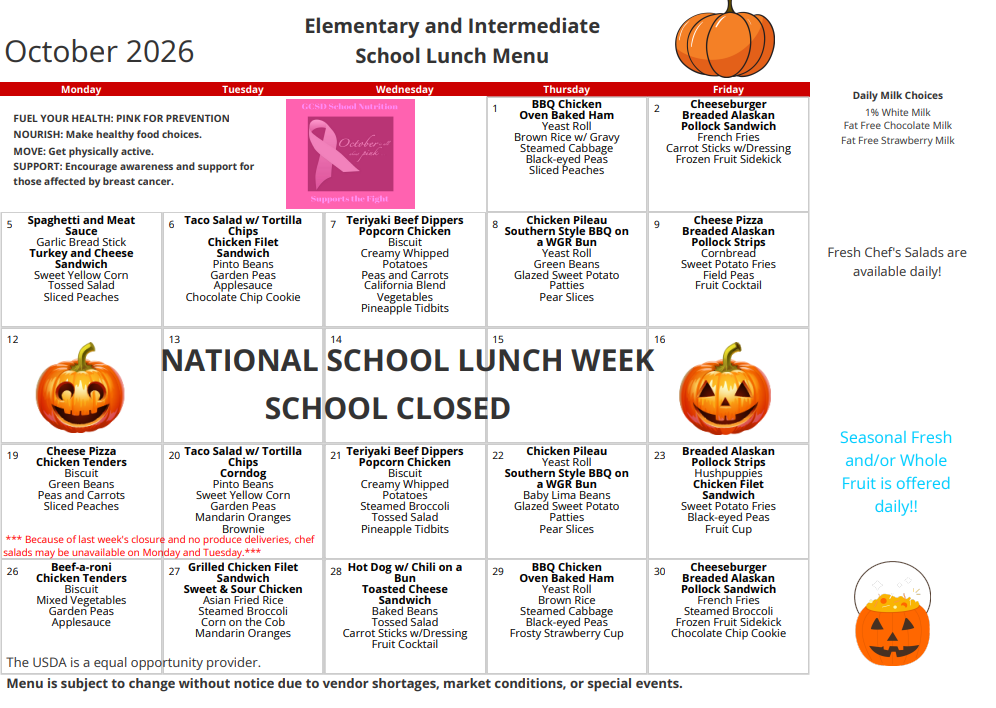 October Lunch Menu is here 