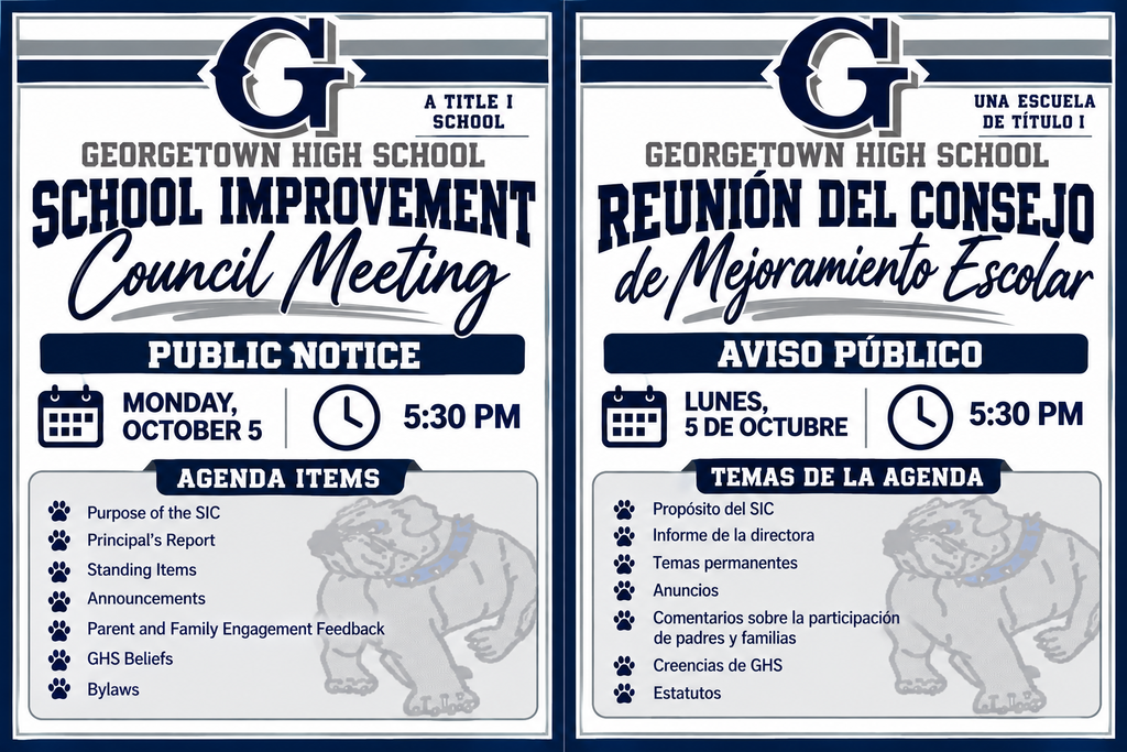 GHS School Improvement Council Meeting will take place on Monday, October 5, 2026, at 5:30 pm.