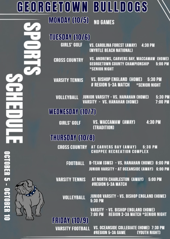 🏈🏐🎾🏃🏽♀️⛳ GEORGETOWN BULLDOGS SPORTS SCHEDULE | OCTOBER 5–10 💙🤍 It’s another busy week for our Bulldogs! Come out and support our student-athletes! LET’S GO BIG BLUE! 🐾💙 MONDAY, OCTOBER 5 No Games TUESDAY, OCTOBER 6 ⛳ Girls’ Golf vs. Carolina Forest — Away | 4:30 PM 🏃 Cross Country vs. Andrews, Carvers Bay & Waccamaw — Home | 5:00 PM ⭐ Georgetown County Championship | Senior Night 🎾 Varsity Tennis vs. Bishop England — Home | 5:30 PM ⭐ Region 5-3A Match | Senior Night 🏐 JV Volleyball vs. Hanahan — Home | 5:30 PM 🏐 Varsity Volleyball vs. Hanahan — Home | 7:00 PM WEDNESDAY, OCTOBER 7 ⛳ Girls’ Golf vs. Waccamaw — Away | 4:30 PM THURSDAY, OCTOBER 8 🏃 Cross Country at Carvers Bay — Away | 5:30 PM 🏈 B-Team (GMS) Football vs. Hanahan — Home | 6:00 PM 🏈 JV Football at Oceanside — Away | 6:00 PM 🎾 Varsity Tennis at North Charleston — Away | 5:00 PM 🏐 JV Volleyball vs. Bishop England — Home | 5:30 PM 🏐 Varsity Volleyball vs. Bishop England — Home | 7:00 PM ⭐ Region 3-3A Match | Senior Night FRIDAY, OCTOBER 9 🏈 Varsity Football vs. Oceanside Collegiate — Home | 7:30 PM ⭐ Region 5-3A Game | Youth Night 💙 Good luck to all of our Bulldogs competing this week! Show up, show out, and show that BIG BLUE PRIDE! 🐾🤍