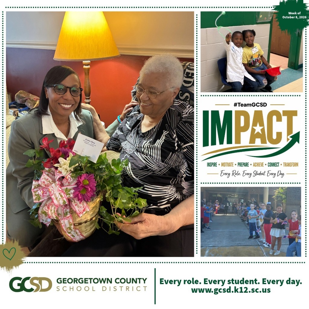 IMPACTful Moment graphic - Dr. Giles with Mrs. Buttone (left); Students dressed for careers (top right); IMPACT logo (right center); Students waiting for Melissa Jefferson-Wooden to arrive (bottom right)