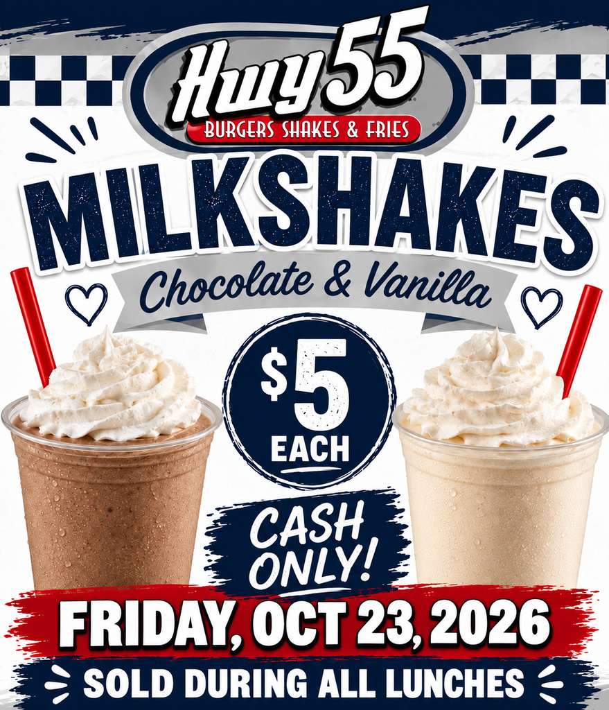 Reminder !!! 🥤🍦 GMS PTO MILKSHAKE DAY AT GMS! 🍦🥤 We’ve got a sweet treat coming to Georgetown Middle School! 💙🤍 Hwy 55 Burgers, Shakes & Fries will be selling delicious Chocolate & Vanilla Milkshakes! 😋 📅 Friday, October 23, 2026 🥤 Chocolate or Vanilla 💵 $5.00 each ⚠️ CASH ONLY Bring your $5 and treat yourself to something sweet while supporting the GMS PTO! 💙🤍 BIG BLUE + MILKSHAKES = A GREAT FRIDAY! 🥤🍦