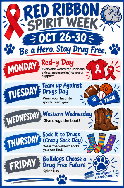 Help us celebrate Red Ribbon Week !  October 26-20, 2026   Be a Hero. Stay Drug Free!