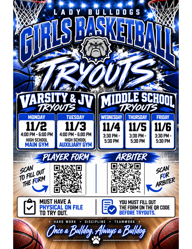 💙🤍🏀 GEORGETOWN LADY BULLDOGS BASKETBALL TRYOUTS! 🏀🤍💙 It’s that time again! The Georgetown Lady Bulldogs are gearing up for another exciting basketball season, and we’re looking for dedicated, hardworking, and coachable athletes who are ready to compete, grow, and represent the Bulldogs! 🐾💪🏽 Whether you’re returning or looking to join the Lady Bulldogs family for the first time, we can’t wait to see what you bring to the court! 🏀 VARSITY & JV TRYOUTS 📅 Monday, November 2nd ⏰ 4:00 PM – 6:00 PM 📍 Georgetown High School – Main Gym 📅 Tuesday, November 3rd ⏰ 4:00 PM – 6:00 PM 📍 Georgetown High School – Auxiliary Gym 🏀 MIDDLE SCHOOL TRYOUTS 📅 Wednesday, November 4th 📅 Thursday, November 5th 📅 Friday, November 6th ⏰ Time: 3:30 PM – 5:30 PM 🚨 IMPORTANT TRYOUT REQUIREMENTS 🚨 All athletes MUST complete the following requirements BEFORE participating in tryouts! ✅ 1. Complete the Basketball Tryout Registration Form 📝 https://forms.gle/WN17gGRVrXYoJH4A6 ✅ 2. Have a Current Sports Physical on File All physicals must be uploaded and on file through Arbiter Sports. 🏥 https://students.arbitersports.com/organizations/georgetown-high-school 🚨 NO PHYSICAL OR REGISTRATION = NO TRYOUT! NO EXCEPTIONS! 🚨 We encourage all athletes and parents to complete these requirements ahead of time to avoid any issues on tryout day! 💙 WHAT WE’RE LOOKING FOR: 🏀 Hard Work 🏀 Dedication 🏀 Coachability 🏀 Positive Attitudes 🏀 Teamwork 🏀 Commitment Come ready to WORK, COMPETE, and GIVE YOUR BEST! We’re not just building basketball teams; we’re building a FAMILY! Every player has an opportunity to show what they can bring to our program, so leave it all on the court! Let’s make this another great season for our Lady Bulldogs! 💙🤍🐾 ONCE A BULLDOG, ALWAYS A BULLDOG! 🐾🏀