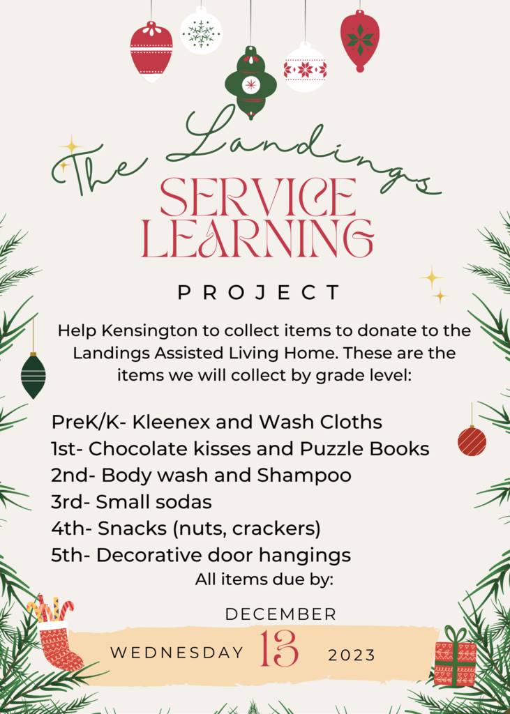 flyer listing items to donate to The Landings, including kleenex, wash cloths, chocolate kisses, puzzle books, body wash, shampoo, small sodas, snacks, and decorative door hangings