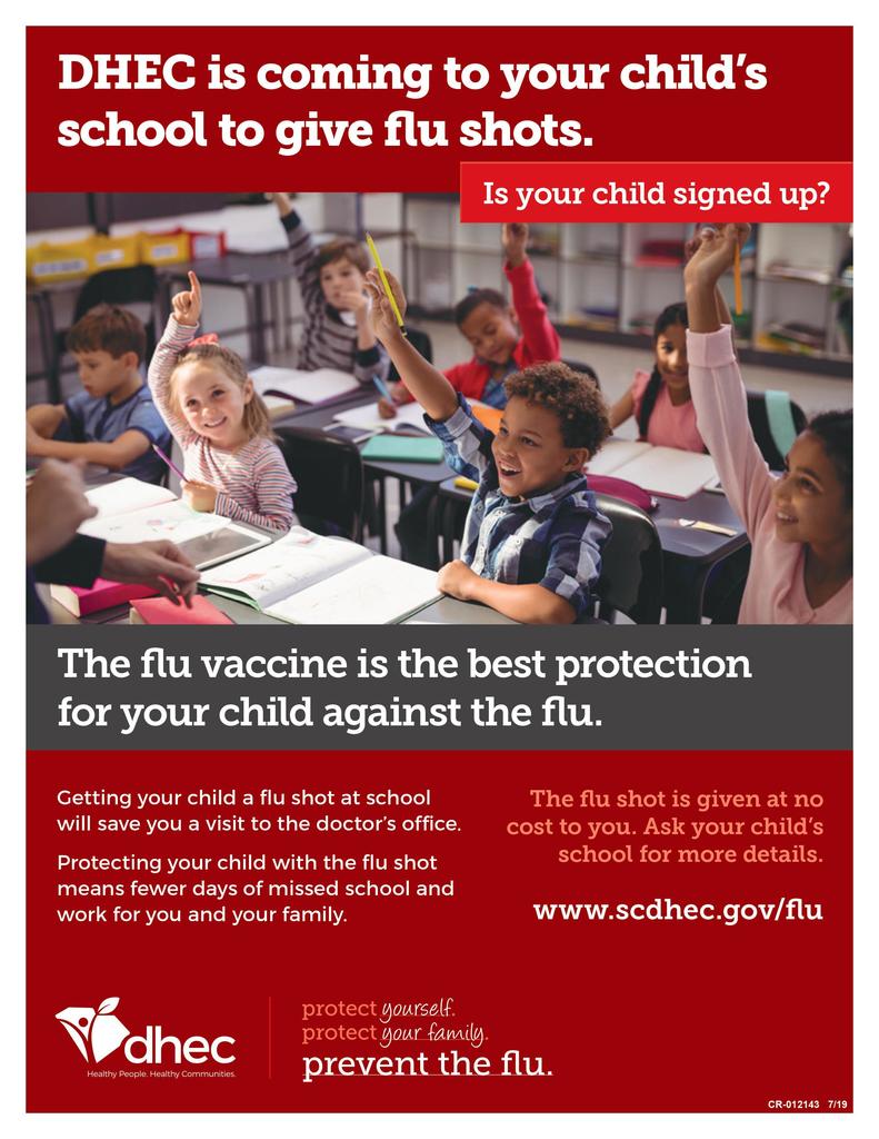 DHEC flyer, going to visit schools to provide flu shots