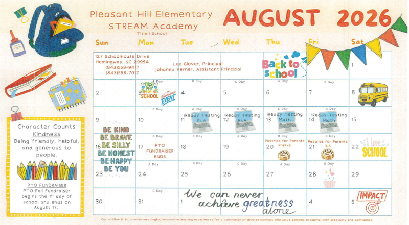 The August PHESA Calendar of Events that is sent home to parents. 