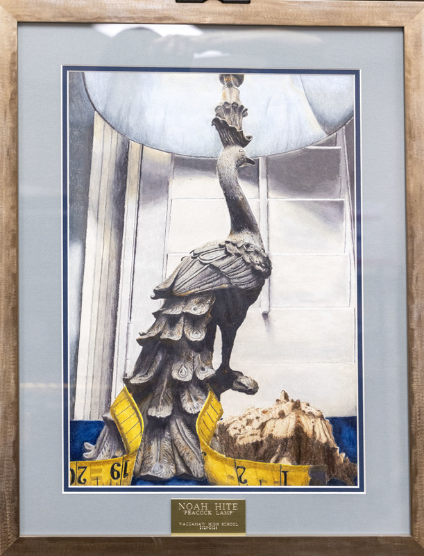 High School 2-D -  First Place: Noah Hite 12th Grade WHS “Peacock Lamp”