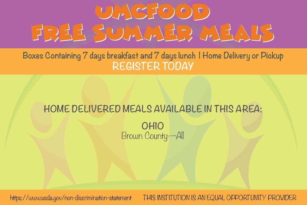 A promotional postcard for UMCFOOD Free Summer Meals. The top of the postcard has a purple header with orange stylized text that reads "UMCFOOD FREE SUMMER MEALS." Below this is an orange bar that says, "Boxes Containing 7 days breakfast and 7 days lunch | Home Delivery or Pickup | REGISTER TODAY."  The main body of the card is lime green with a faded background illustration of colorful, simplified human figures holding hands. Large grey text in the center reads: "HOME DELIVERED MEALS AVAILABLE IN THIS AREA: OHIO Brown County—All."  At the very bottom, a small footer includes a link to the USDA non-discrimination statement and the text "THIS INSTITUTION IS AN EQUAL OPPORTUNITY PROVIDER."