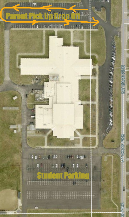 Aerial Photo of Parent Drop Off/Pick Up and Student Parking